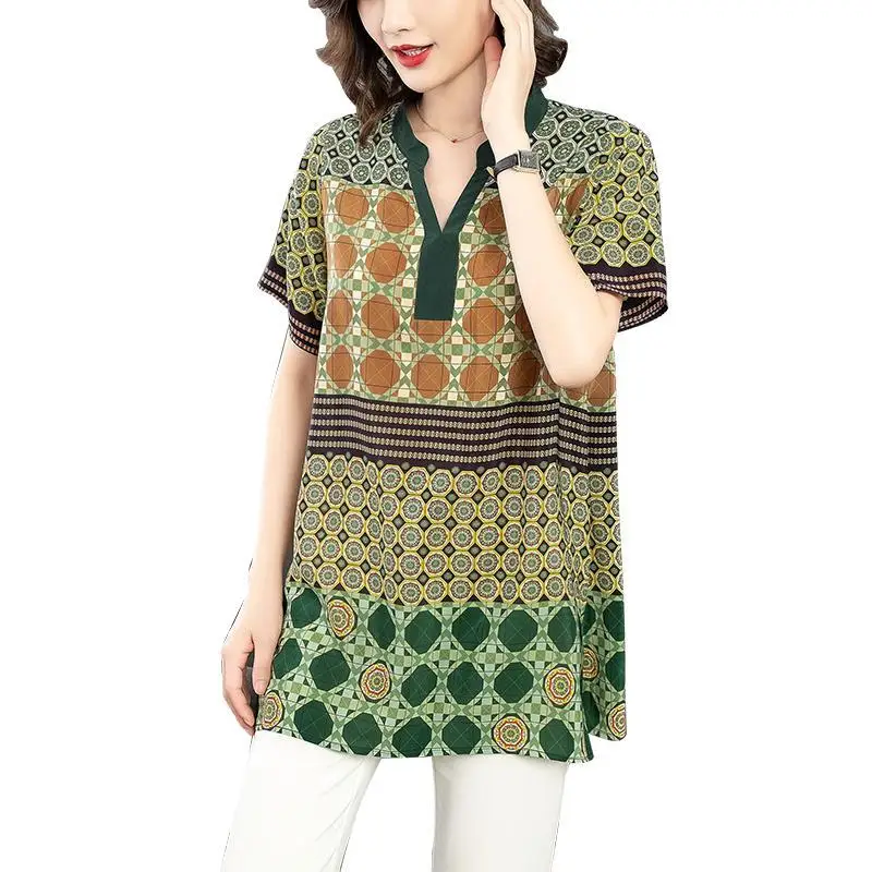 

Loose imitation silk blouse women's mid-length 2021 spring and summer new fashion temperament V-neck western style