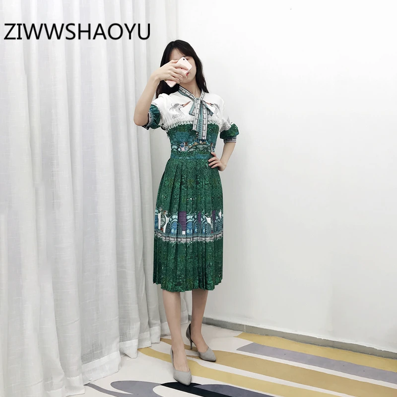 

ZIWWSHAOYU Female Summer Multicolor Plants Print Bow Tie Pleated Dress Fashion Designer Women Elegant Vintage Midi Dresses