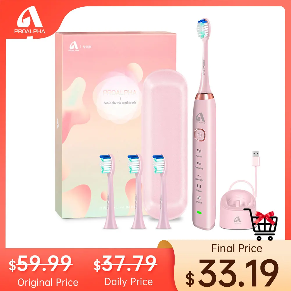 

Sonic Electric Toothbrush Proalpha S100 Adult Timer Brush 5 Mode USB Rechargeable Tooth Brushes with Replacement Heads Gift sets