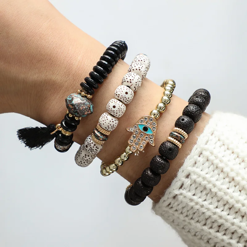 KMVEXO 4PCS/Set Bohemian Turkish Palm Eyes Bracelets For Men Woman Fashion Wristband Resin Stone Tassel Bracelet Vintage Jewelry | Украшения