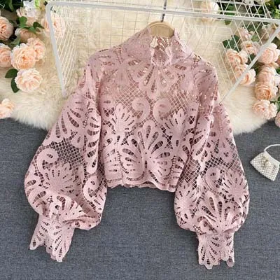 

Sexy Lace Hollow Out Short Blouse Casual Lantern Long Sleeve Stand Collar Shirts Female Elegant Red/Pink/White Loose Tops 2021