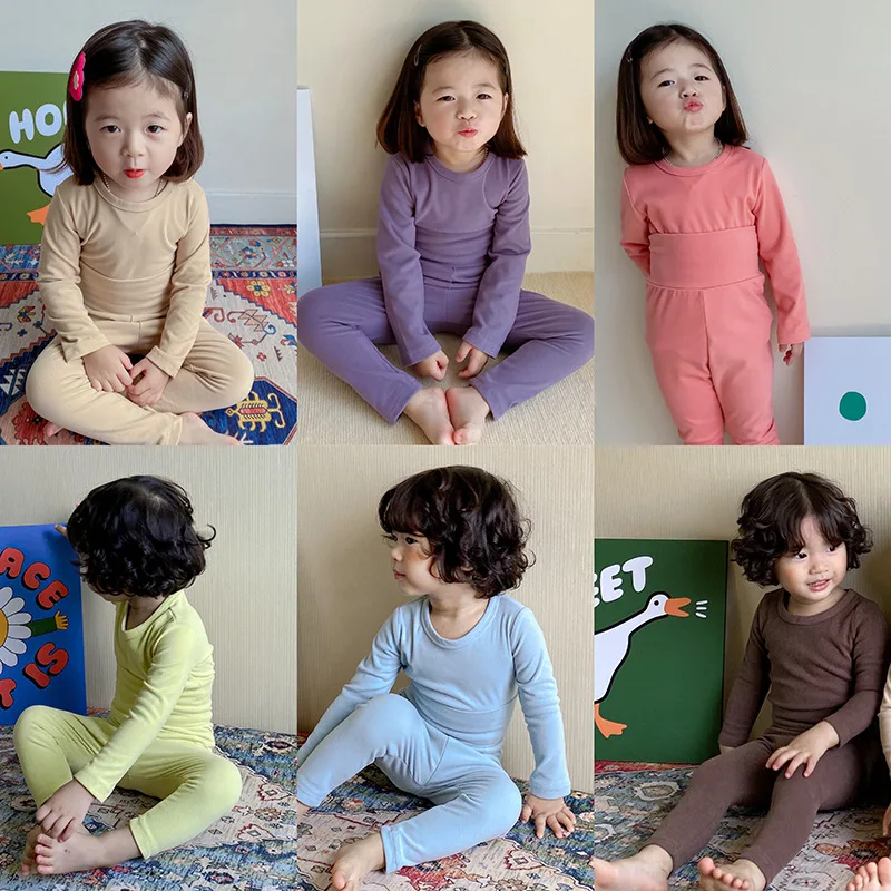 

Thermal Underwear Baby Set Boys and Girls De Velvet Sanding Clothing Sets Casual Solid Color Kid Warm Suit Softest Autumn Winter