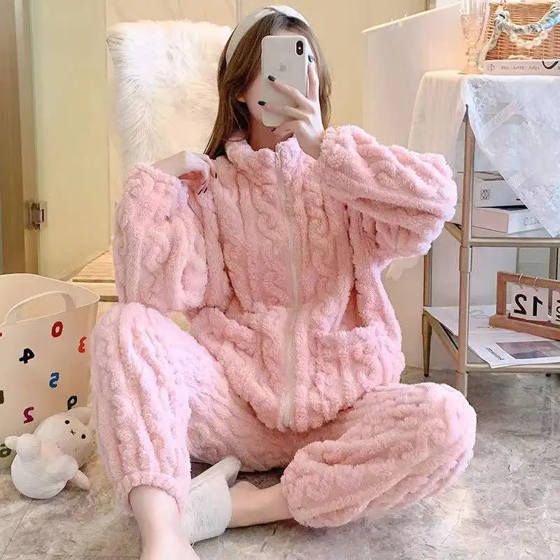 Winter Warm Flannel Women Pajamas Sets Coral Fleece 2 Pieces/Sets Long-Sleeved Trousers Sleepwear Casual Loose Homewear
