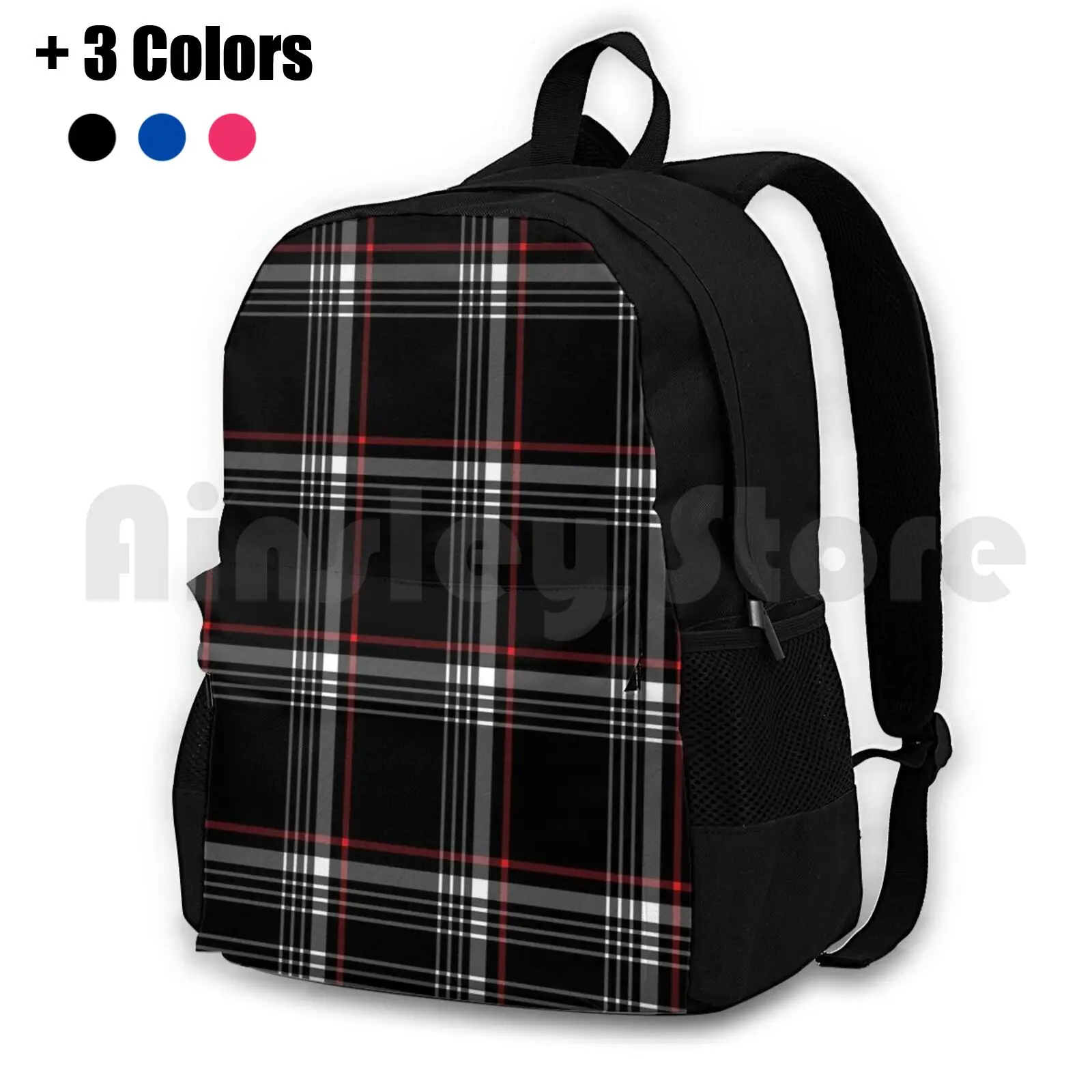 

Black Tartan With Red And White Stripes Outdoor Hiking Backpack Waterproof Camping Travel Dspot Patterns Tartan Pattern Black