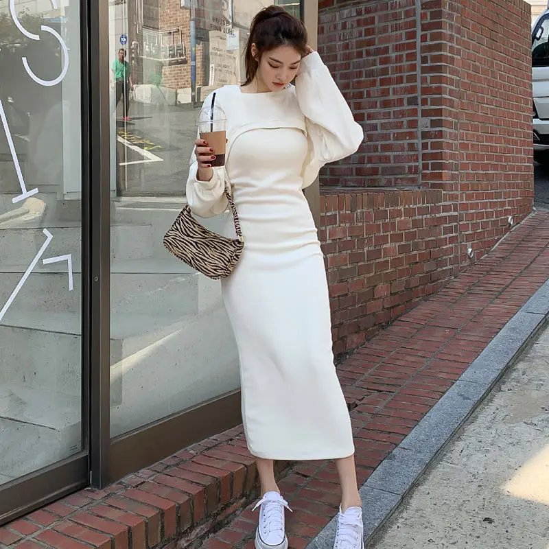

Elegant SPring Autumn Woman White Casual dress Knitted wrap arm skirt skin femme fashion daily clothes
