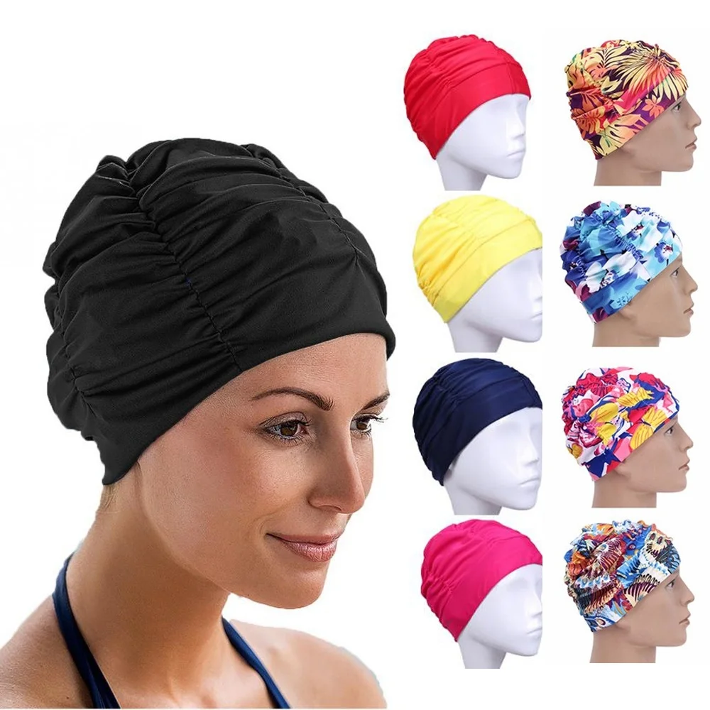 

Swimming Cap Elastic Nylon Turban Flowers Printed Pool Bathing Hats Long Hair Protect Swim For Men Women