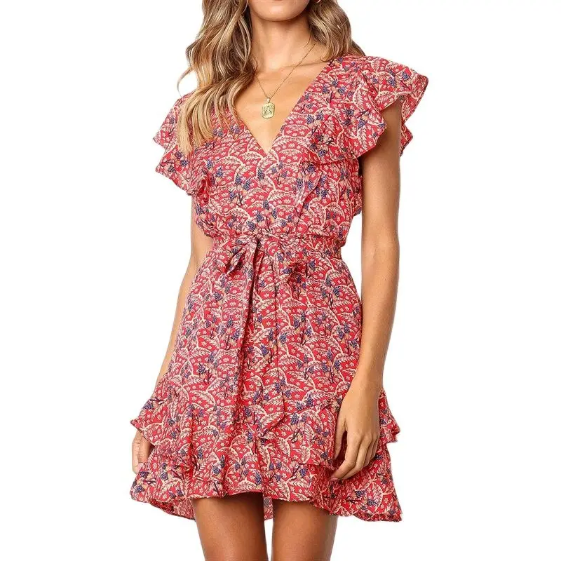 Пляжное платье 2021 лето женщины, распечатанный сарафан сексуальный V-образный вырез короткий мини на вечеринку одежда мода оборки A-образный XXL.