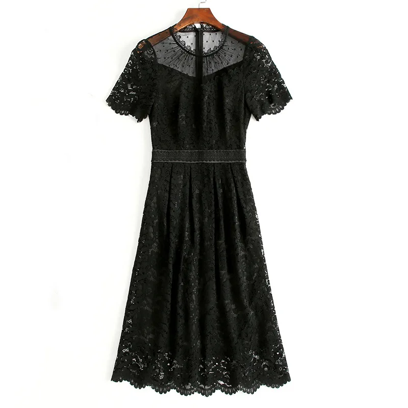 

High Quality 2020 Summer Style Ladies Sexy Tulle Mesh Patchwork Short Sleeve Slim Fitted Pink Black Lace A-Line Dress