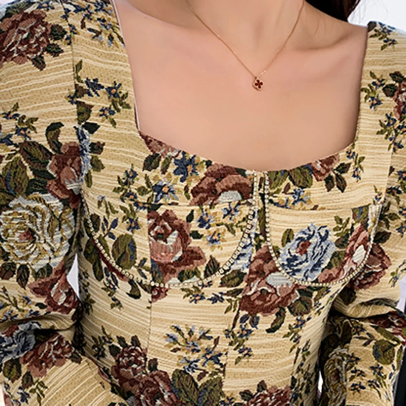 

VGH Vintage Slim Print Dress For Women Square Collar Long Sleeve High Waist Hit Color Temperament Dresses Female Fashion New