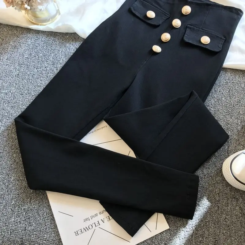 

Black Fitted Pants 2021 Spring New Single-Breasted Design Stretch High-Waisted Trousers Slimming Pencil Pants Female Fashion