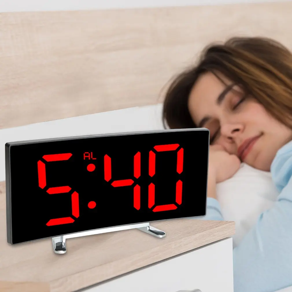 

Creative Curved Screen Dimmable Mirror LED Large Screen Digital Alarm Clock Home Decoration Snooze Function