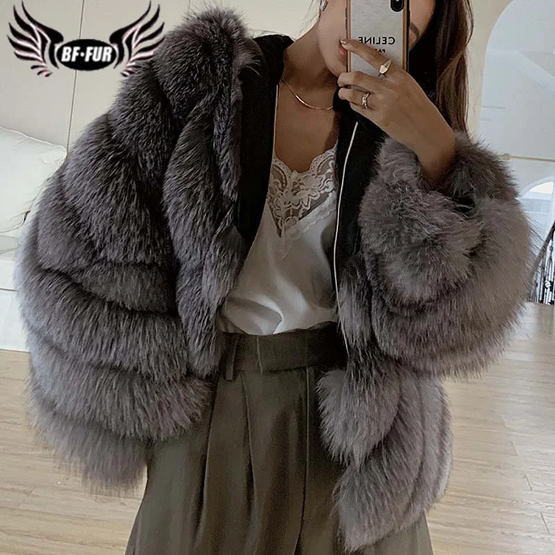 

Real Fur Coat Women Fashionable Hooded Chic Fox Fur Full Pelt Luxury Ins 2021 New Winter Overcoat Ladies Diagonal Stripe Cutting