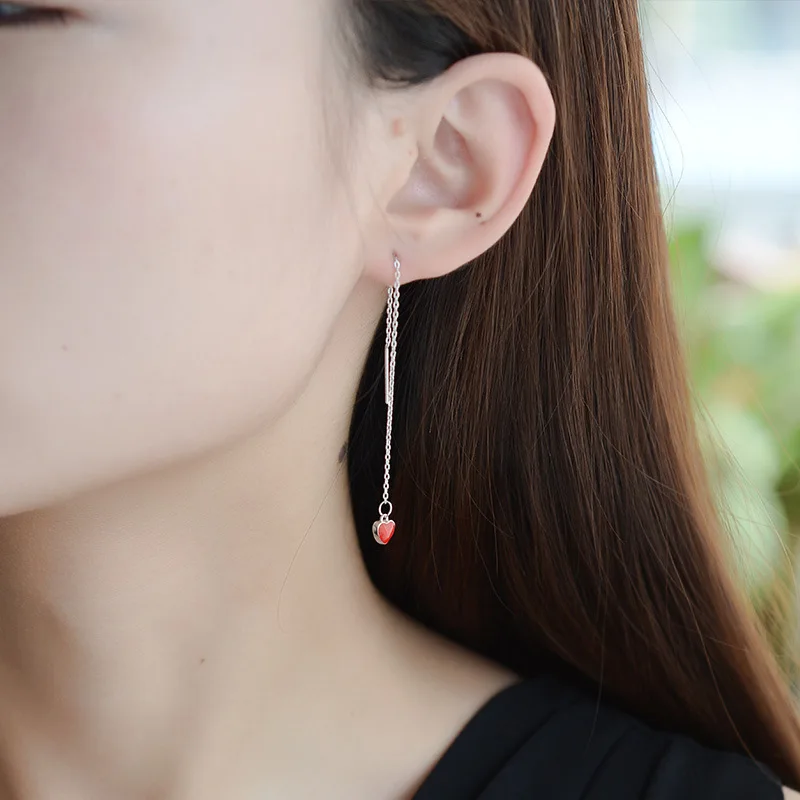 

Long Style Red Enamel Heart Silver Stud Earrings Brincos For Women 925 Sterling Silver Jewelry 2018