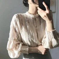 korean blouse women hollow out lace vintage shirt spring fall puff sleeve turtle collar solid color loose design top for female