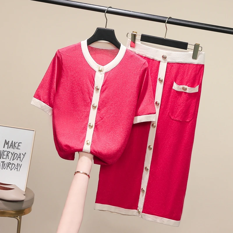 

Micosoni 2021 Summer Knitting Suit Golden Single-Breasted Ice Silk Short Sleeve Top Sweater+ Skrit Two-Piece Set for Women S-L