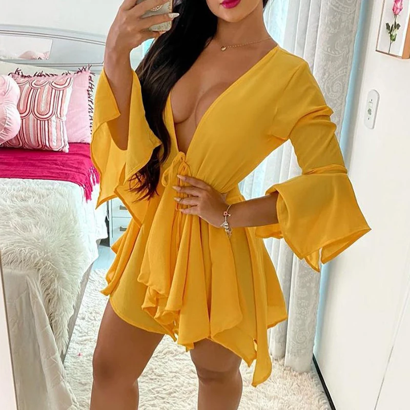 

Fashion Women Sexy Casual Two-piece Set Suit Sets Solid Deep V Long Sleeeve Tied Top & Shorts Set
