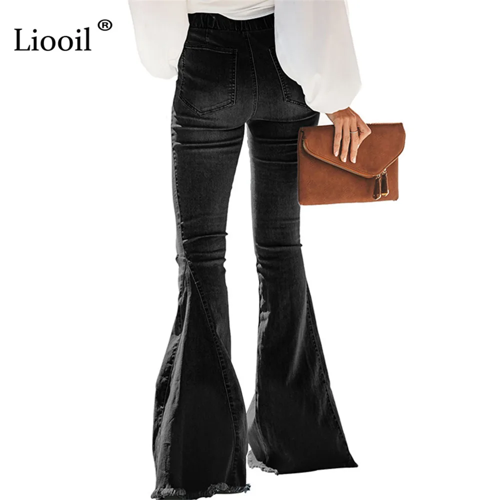 

Liooil Black Blue Ripped Flare Jeans For Women 2021 Streetwear Sexy Skinny Denim Trouser Bell Bottoms High Waist Hole Jean Pants