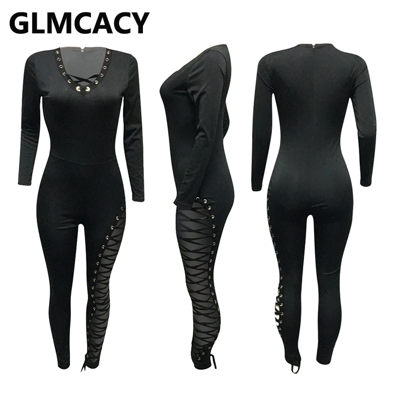

Women Lace Up Skinny Jumpsuit Long Sleeve Soid Sexy Party Clubwear Jumpsuit