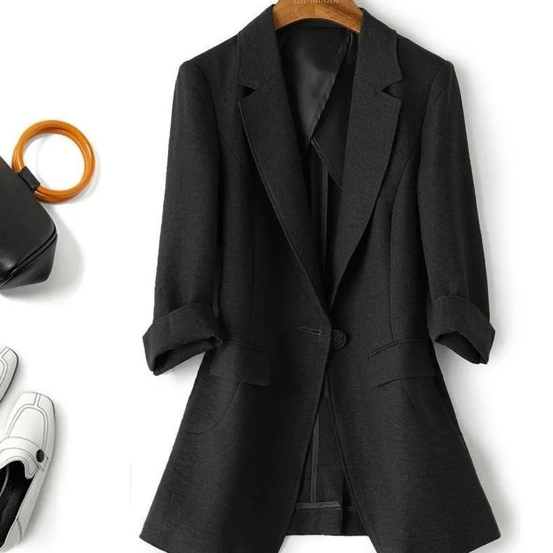 

Women Autumn Summer 2021 Three Quarter Formal Office Ladies Work Suit Jackets Coat Female Slim Single Button Medium Blazers S304