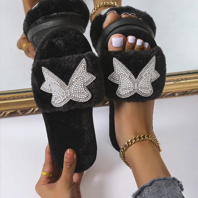 

Меховые Роскошные домашние хлопковые тапочки 2021, Зимние Модные Сланцы на плоской подошве, повседневные шлепанцы, Симпатичные мягкие плюшев...