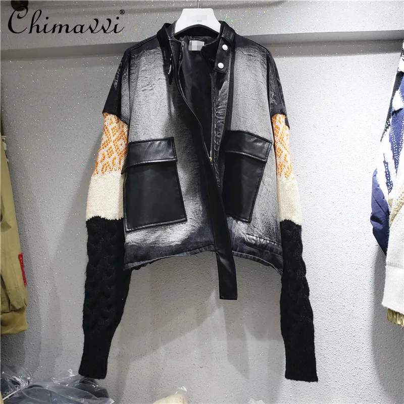

European Women New Stitching Sleeves Contrast Color Denim Short Jacket Ladies 2021 Autumn Fashion PU Leather Large Pocket Coat