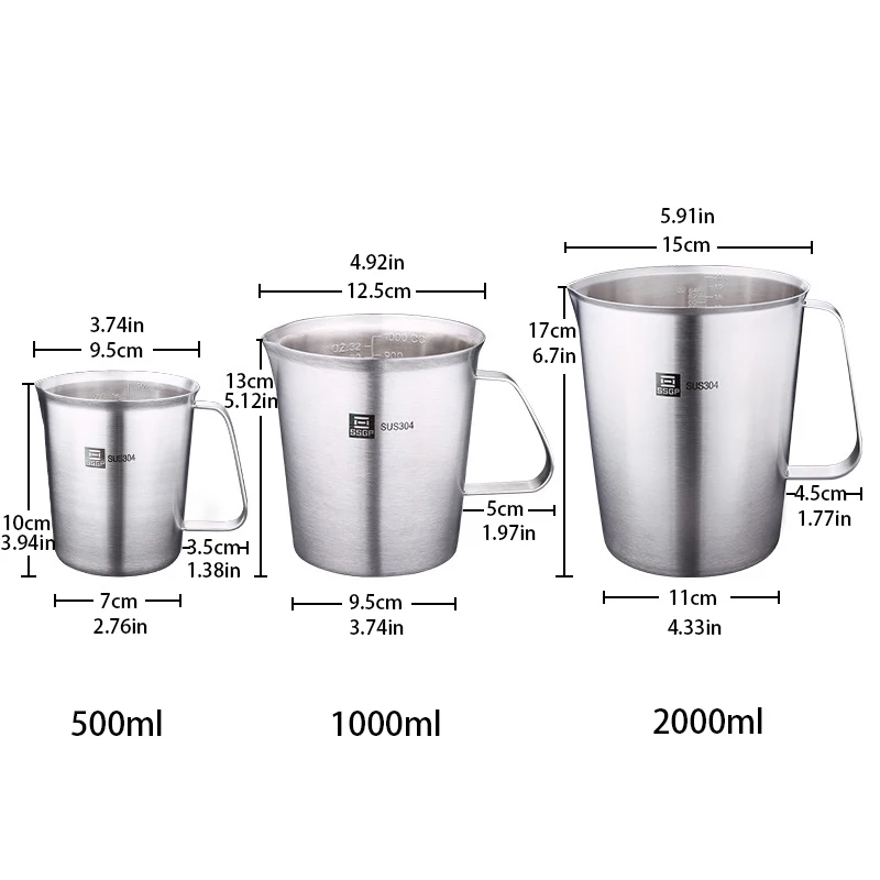 Мерная чашка из нержавеющей стали SSGP Толстая 304 с весами 2000 мл 1000 500 кухонная