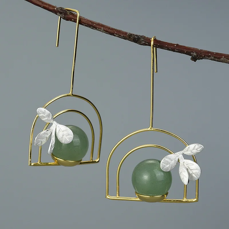

Original Design 100% 925 Sterling Silver Plant Natural Stone Green Jade Long Dangle Earrings For Women Handmade Fine jewelry