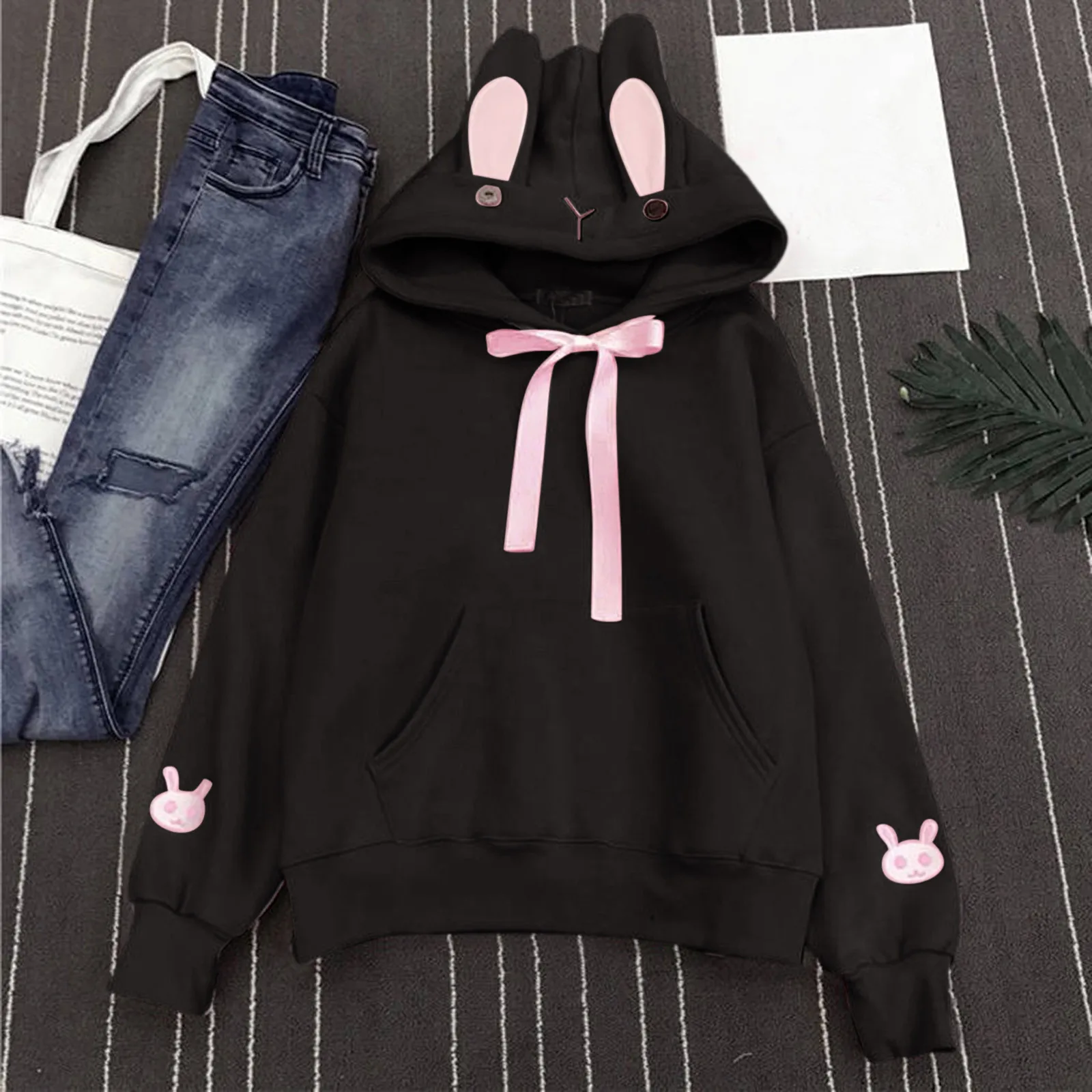 Sweatshirt For Women Print Autumn Korean Style Fashion Hoodies Kawaii Oversized Hooded Rabbit Ears Long Sleeve Loose Tops