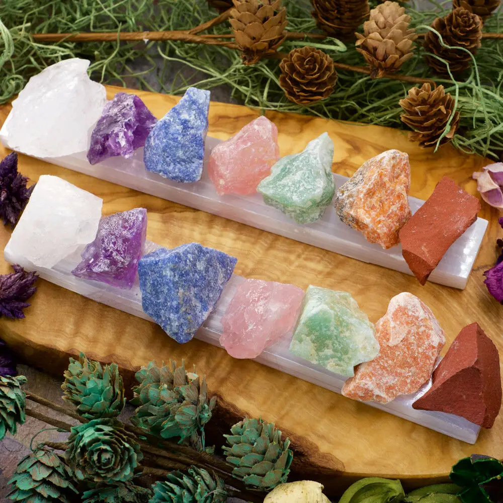 

Natural Seven (7) Rough Stone Chakra Set with Selenite Bar for Reiki Healing