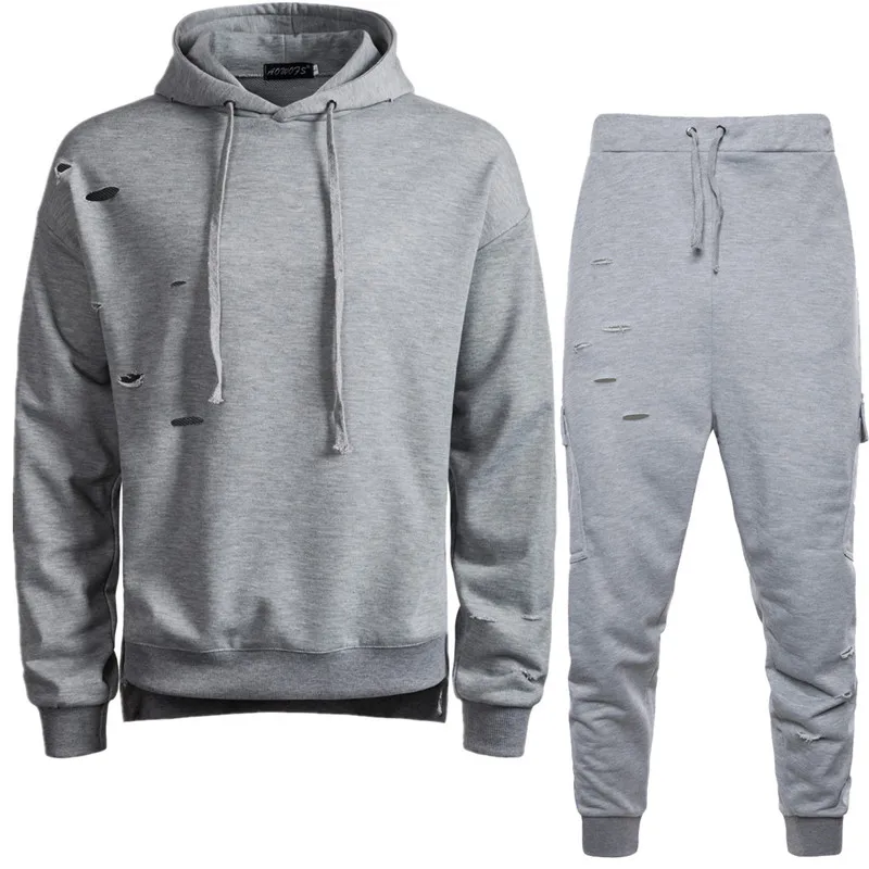 

Spring Autumn 2020 Men Sweat Suit Set Streetwear Hole Tracksuit Men Outfit Full Sleeve Tops with Hood Sweatshirt Men 2 Piece Set