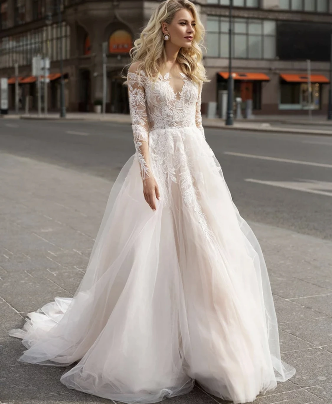 Wedding Dress A-Line Sheer Neck Full Sleeve Backless Button Tulle Floor Length Sweep Train Elegant Bride Gown Custom Made 2021 second hand wedding dresses