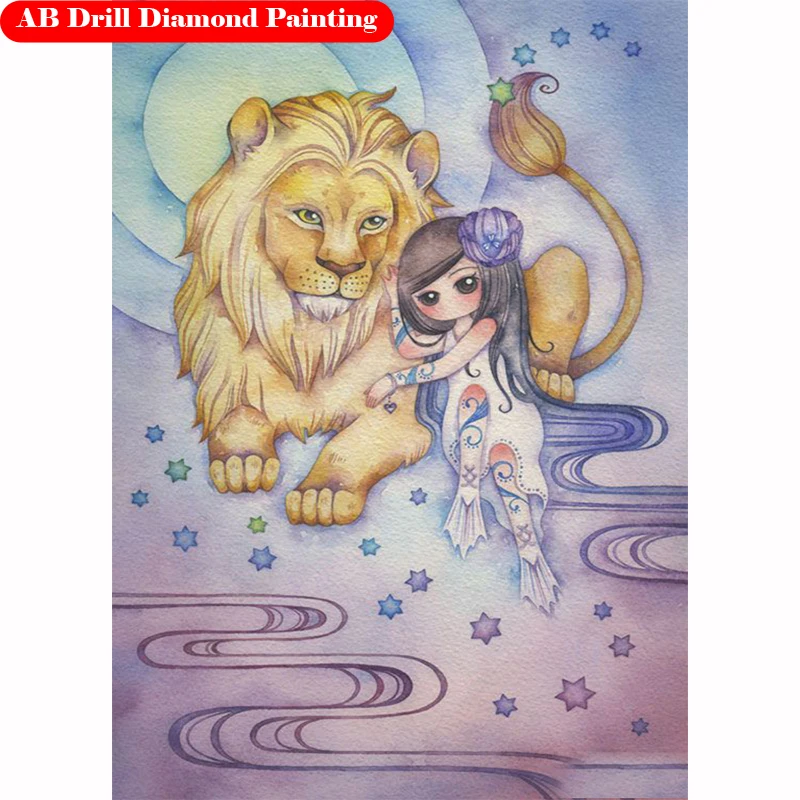 

AB Diamond Painting Kits Color Girl Full Square/Round 5D DIY Zipper Bag Lion Zodiac Art Diamond Embroidery Cartoon Handmade Gift