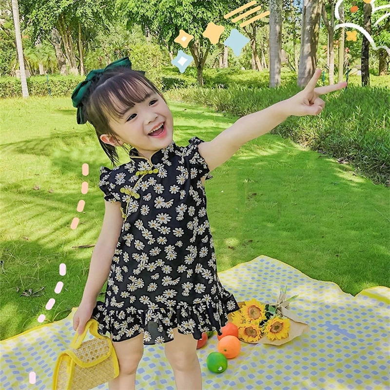 

2021 4-11Y Chinese Cheongsam For Girls Black Floral Print Hanfu Dresses Kids Sleeveless Qipao Princess Summer Cotton