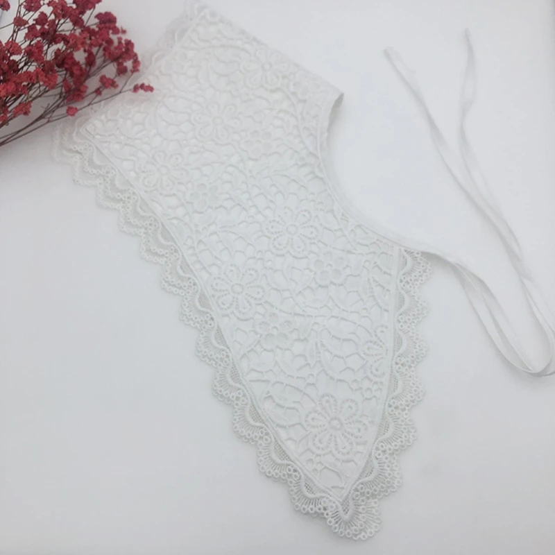 

Embroidery Floral Lace Pointed Lapel Fake Collar Shawl Necklace Scalloped Trim Decorative Half Shirt Lace-Up Bowknot Mini M7DD