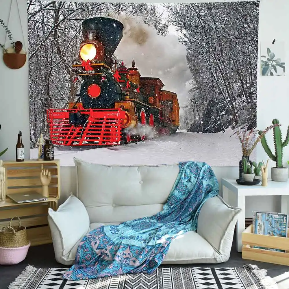 Рождественский гобелен Simsant зимние снежинки снежный поезд искусство настенные