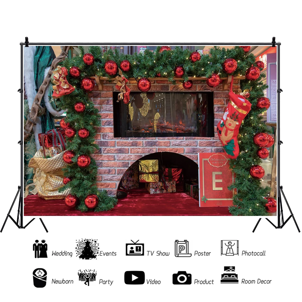 

Laeacco Christmas Fireplace Brick Wall Interior Decor Child Family Photocall Photo Background Photographic Backdrops Photozone