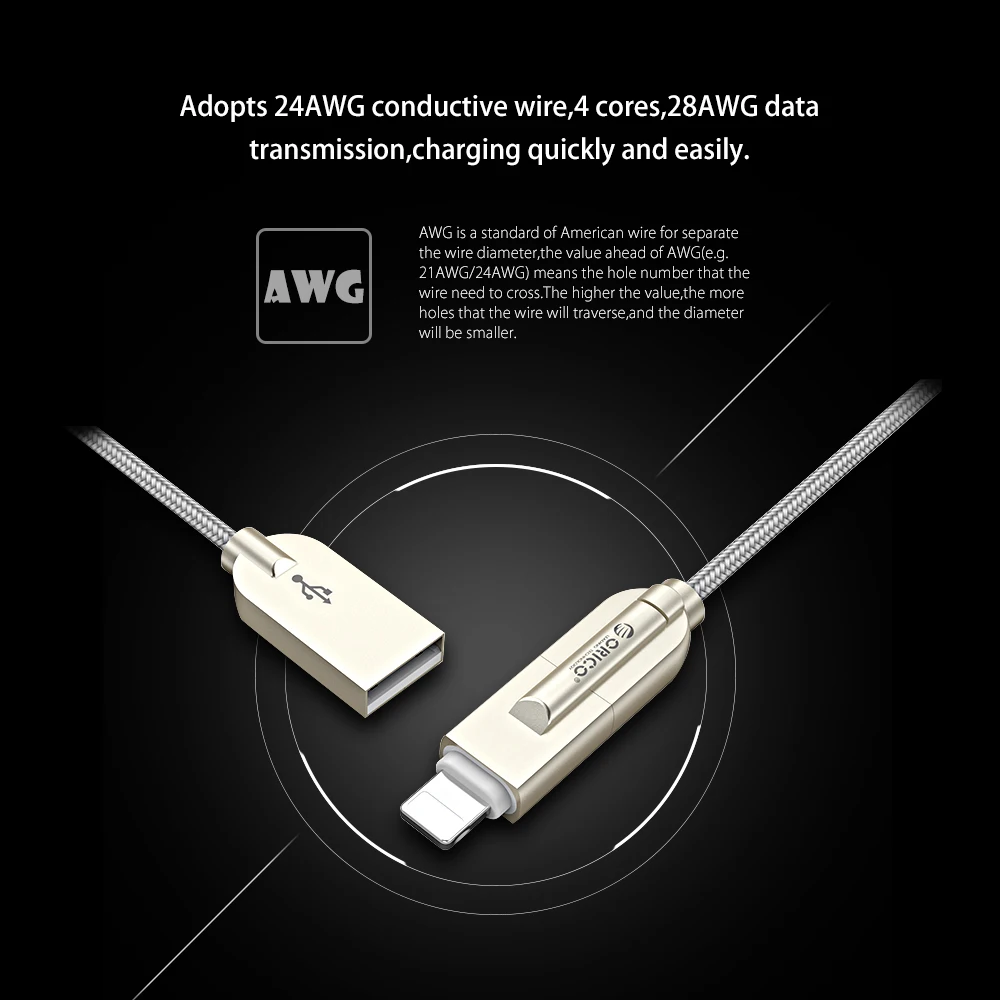 ORICO, освещение Micro USB кабель 2-в-1 2.4A Max быстрая Зарядное устройство Кабель-адаптер для iphone ipad samsung Xiaomi huawei