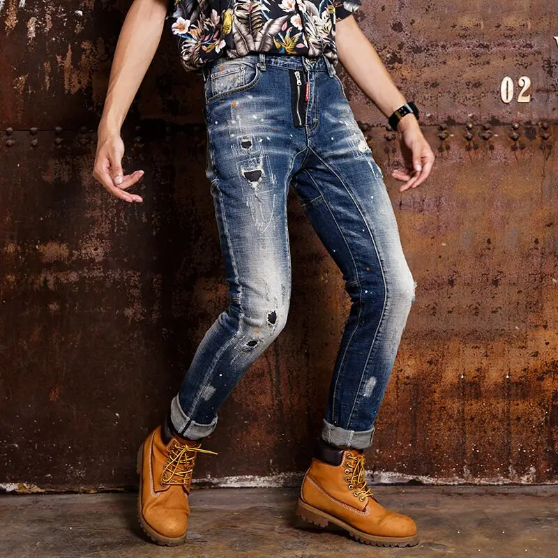 

Fashion Streetwear Men Jeans Retro Blue High Quality Slim Fit Jeans Pants Spliced Designer Hip Hop Jeans