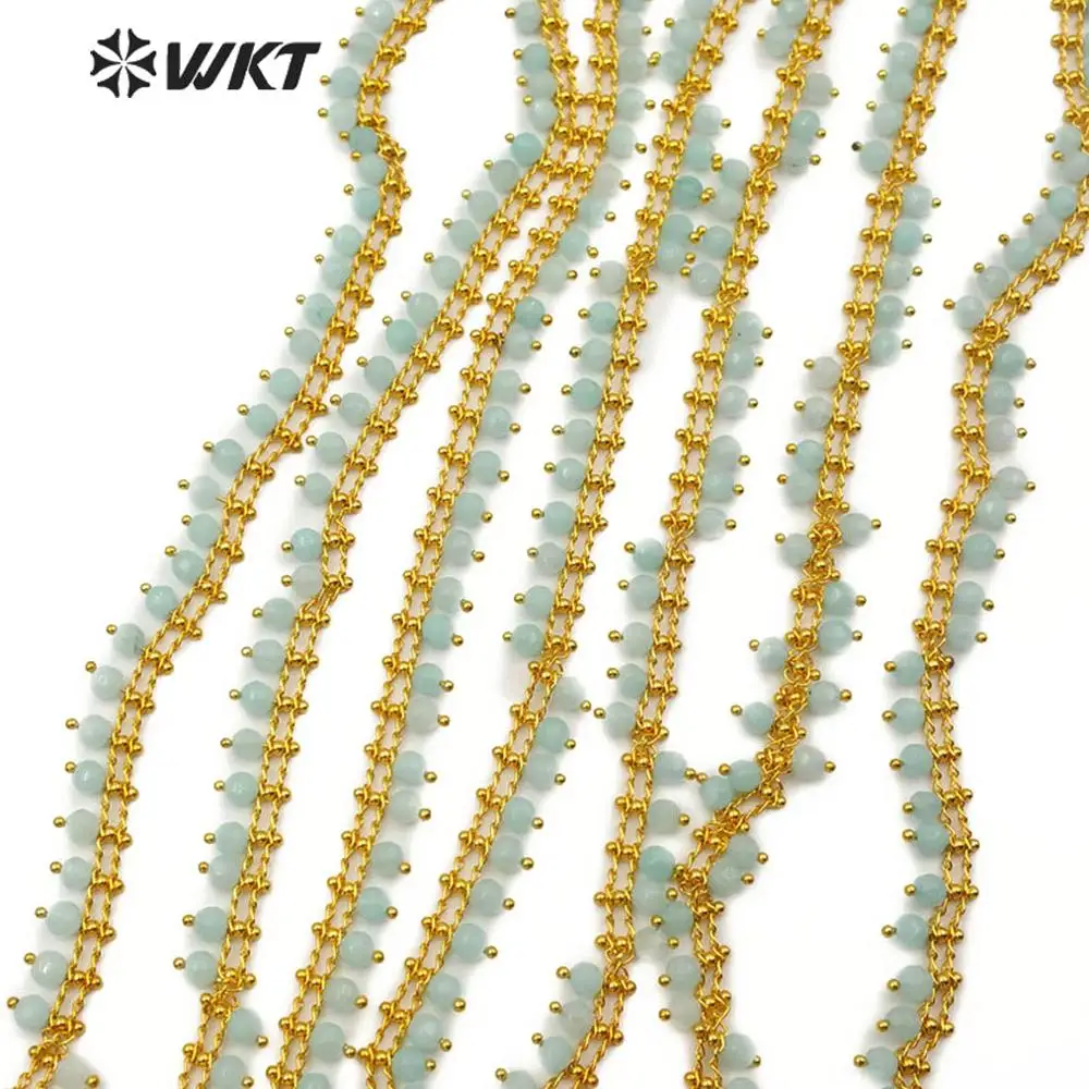 

WT-RBC108 Natural Stone Chain Light Blue Color Beads With Gold Electroplated Rosary Chain 4MM Beads Chain For Jewelry Making