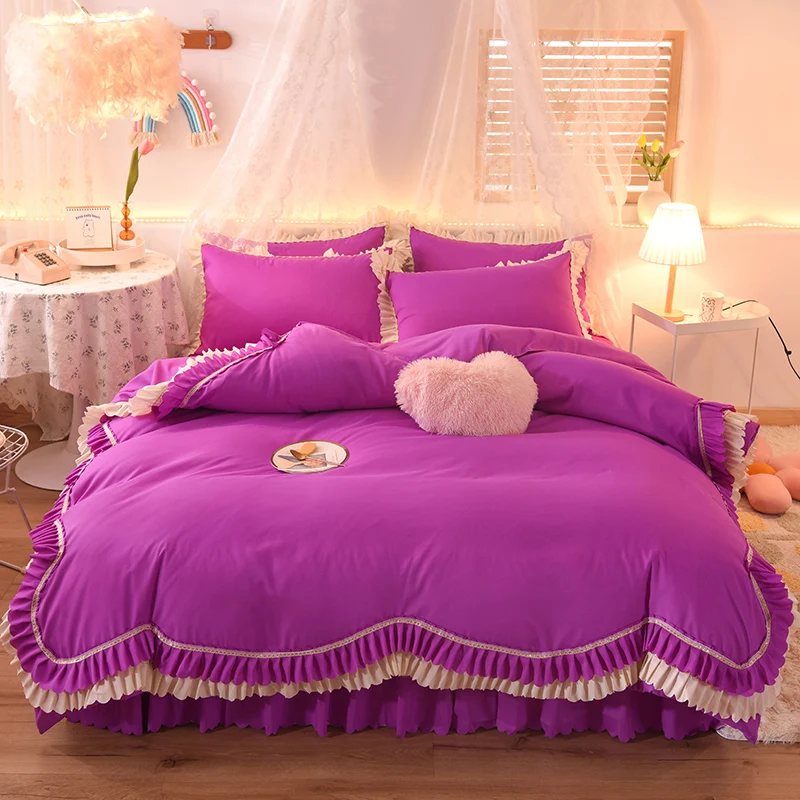 

4Pcs New Crystal Velvet Luxury Bedding Set King Queen Twin Size Bed Set Princess Girls White Pink Bed Set Skirt Pillowcase