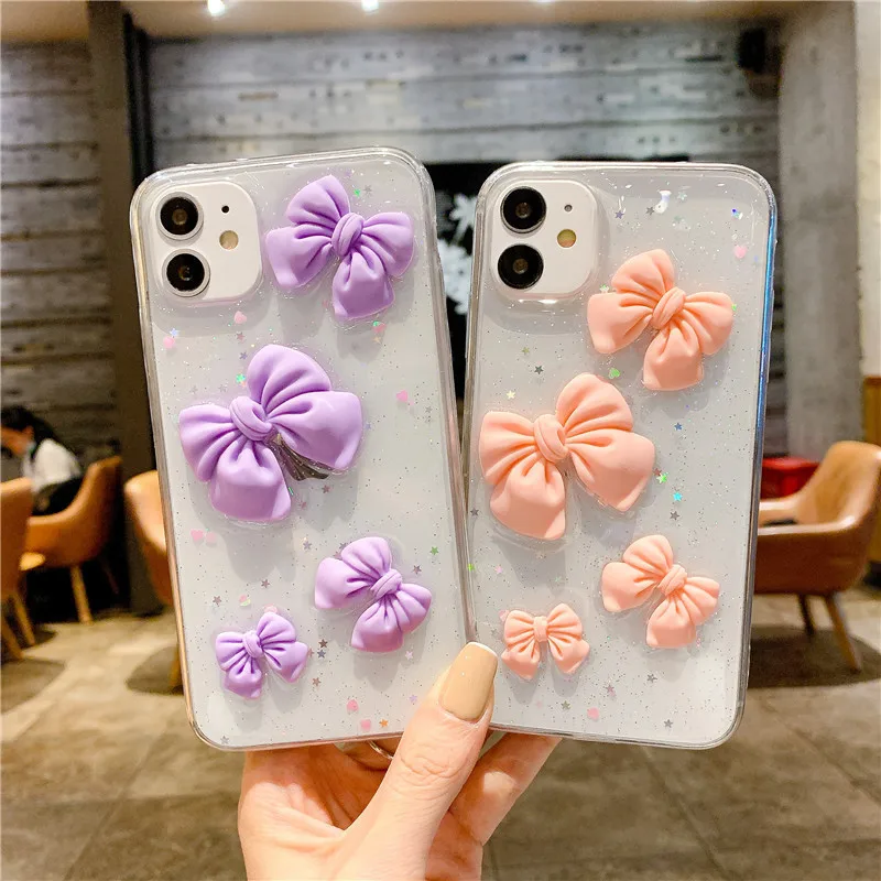 

For XiaoMi 11 10 9T For RedMi Note 7 8 Pro K40 K30 Solid Color Bow Knot Transparent Protective Shell Phone Case Back Cover Coque