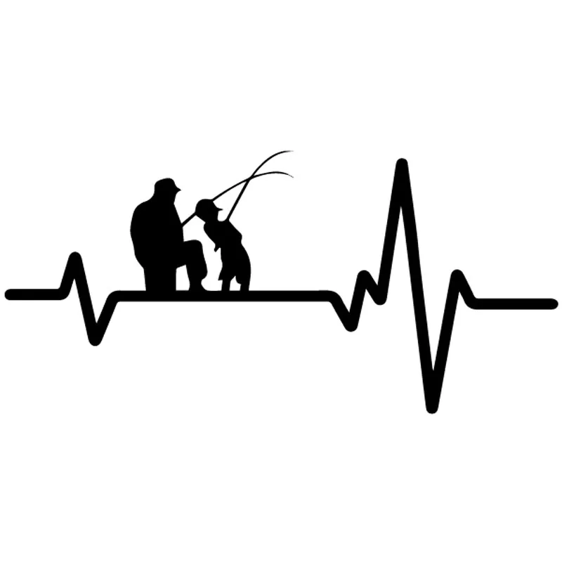 

High Quality Vinyl Decal Heart Beat Line Fishing Father Dad Son Fish Rod Reel Lure Car Sticker Black/Silver 17CM*8CM