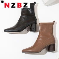 yqnzbz 2021 new black brown autumn winter ankle boots for women soft pu leather female square heels elastic boots size 35 42