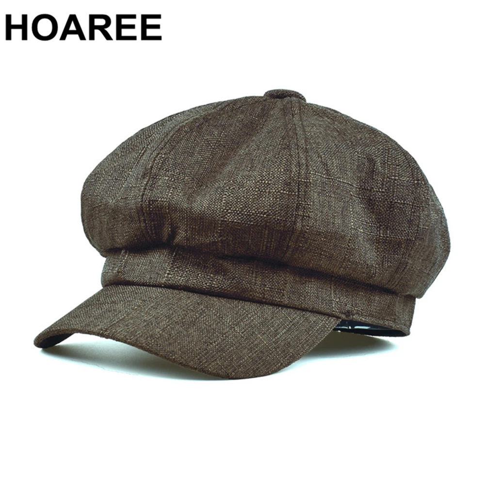 

HOAREE Summer Newsboy Cap Cotton Linen Summer Beret Hats for Women British Style Solid Brown Octagonal Cap Ladies Baker Boy Hat