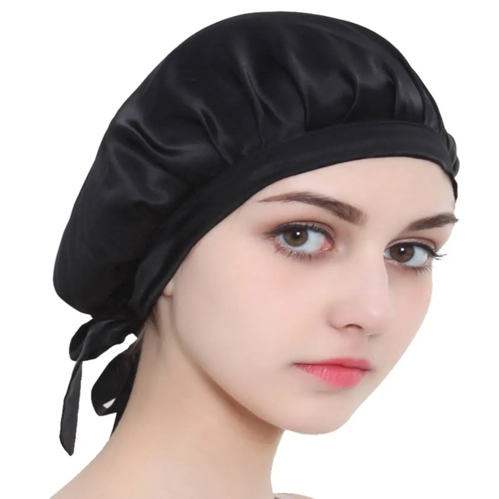 

Color Nightcap Real Silk Sleeping Cap Hair Loss Cap Hats for Girls (Black)