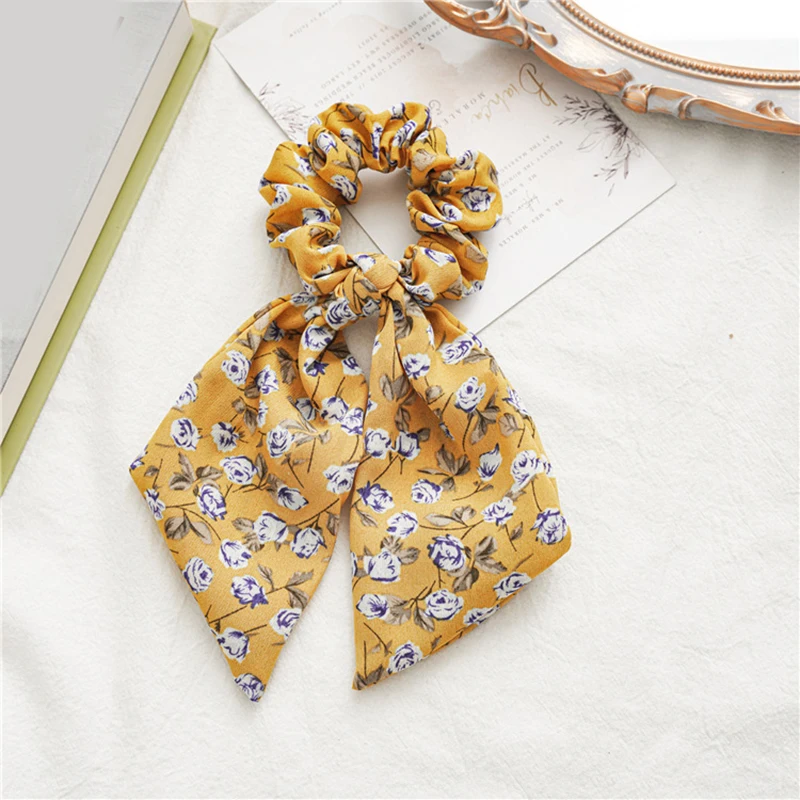 1Pcs Knotted Hair Rope Ties Scarf Korean Scrunchies Long Ribbon Floral Print Big Rose Flower Accessories |