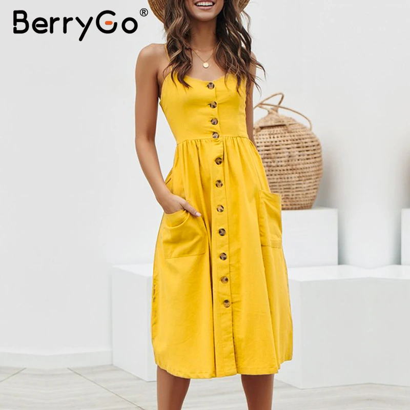 BerryGo, элегантное женское платье на пуговицах, платья на тонких бретельках с карманами, платья в горошек, летние повседневные женские платья, большие размеры