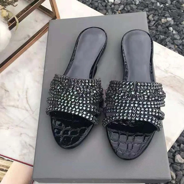 all black Разноцветные блестящие Вьетнамки; шлепанцы со стразами Для женщин летние Стразы со стразами шлепанцы без задника с открытыми пальцами Эффектная вечерняя Обувь Римские сандалии женская обувь - Цвет: all black