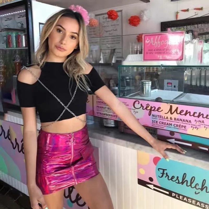 Женский укороченный топ с цепочкой Harajuku готический черный коротким рукавом и