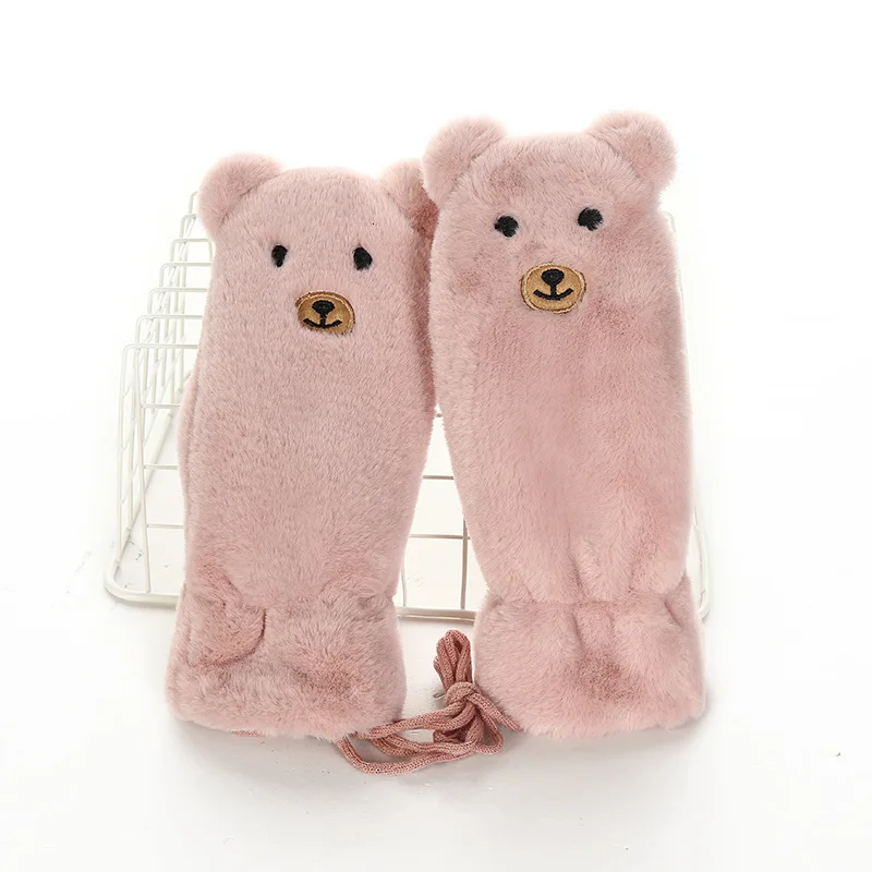 085Bpink Женские митенки без пальцев, зимние женские вязаные шерстяные толстые кашемировые Теплые черные, розовые, белые, милые Мультяшные перчатки панда - Цвет: 085Bpink
